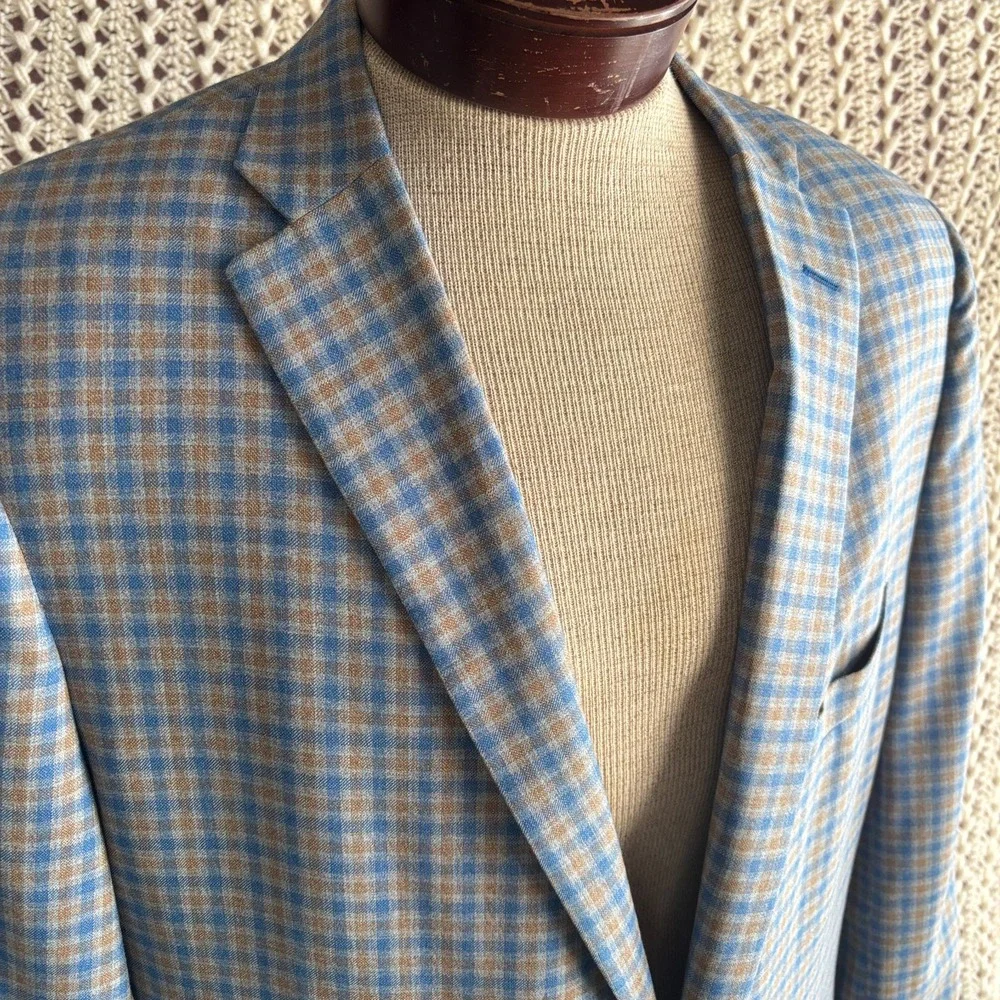 Bespoke Holland & Sherry Tom James Check Wool Sport‎ Coat Tailored Fit Blue 46L